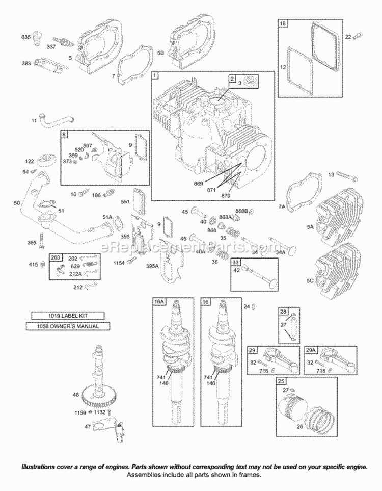 Cams Crankcase Cover Crankshaft Cylinder Head Pistons Valves Diagram and Parts List for 422707-1213-01  Briggs and Stratton Engine